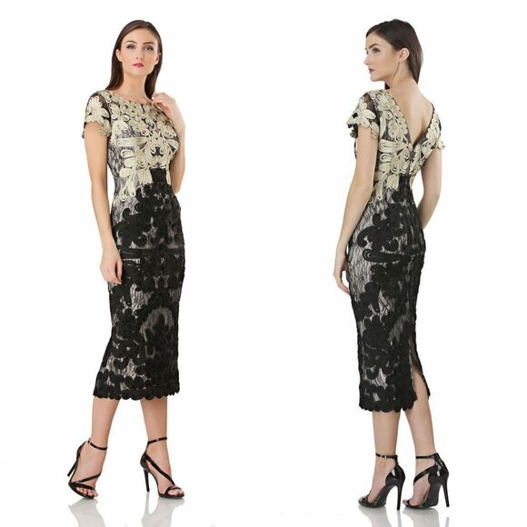 New! JS COLLECTIONS Soutache Embroidered 2-Tone Midi Sheath Dress Gold Black - Picture 1 of 3